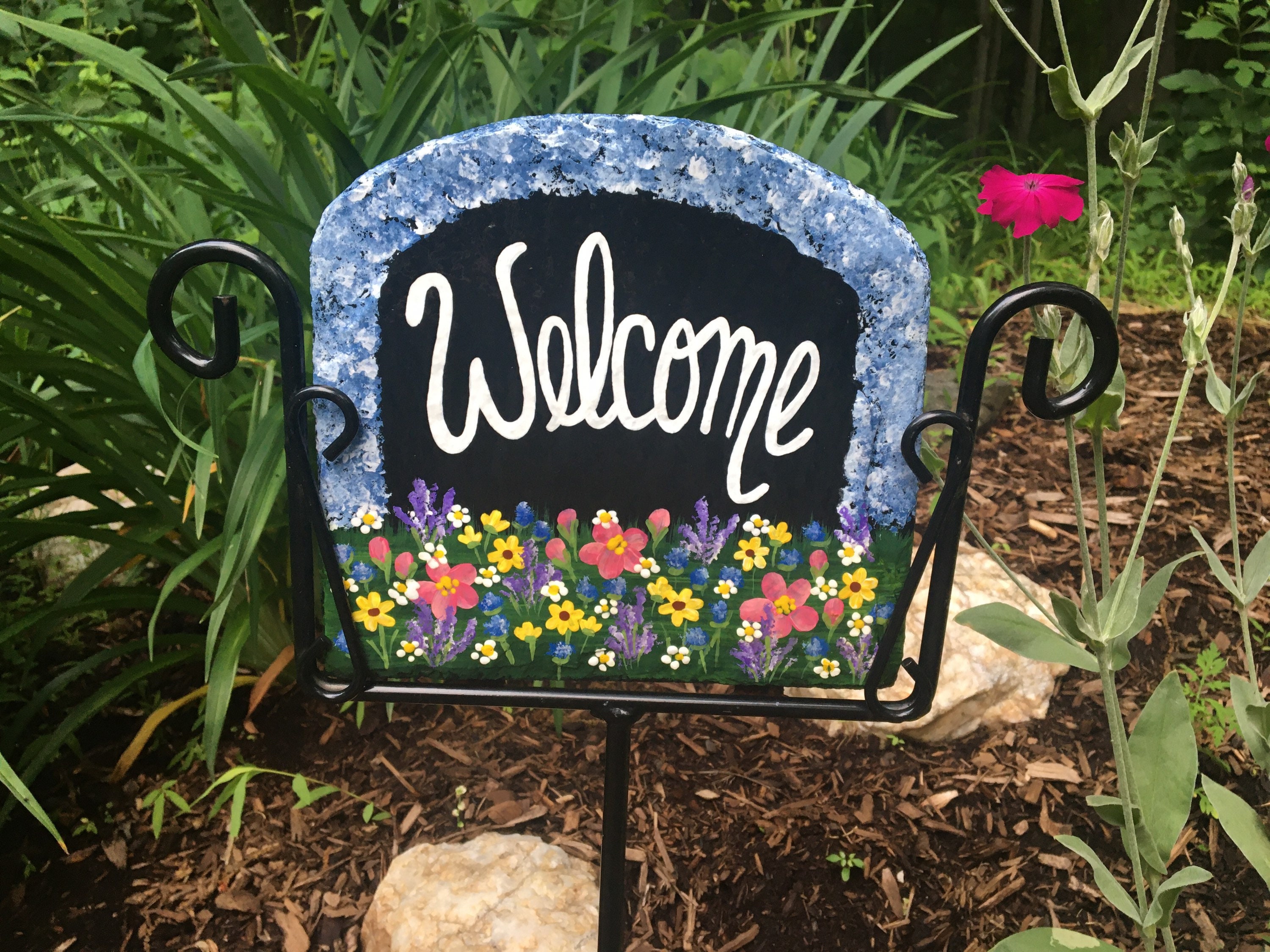 Mixed Yellow FLOWERS Slate Garden Hand painted Potted Plants SLATE 14  x 10 Indoor  Outdoor Personalized Add Your Name Sign