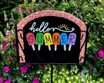 Panneau de bienvenue de jardin en ardoise de popsicle estival, personnalisé peint à la main, adresse, plaque nominative, support en fer forgé vendu séparément, livraison gratuite