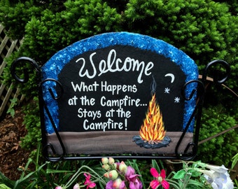Personalized Campsite Fire Pit Slate Sign -  Iron Holder sold separately