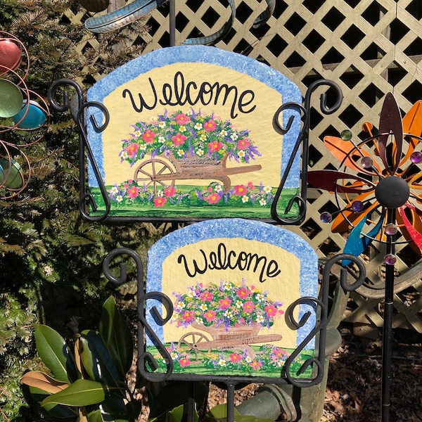 Spring Summer Flower Wheelbarrow Cart Slate Welcome Sign Personalize Address Garden Decor, Wrought Iron Holder Sold Separate, FREE SHIPPING