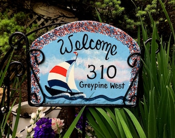 Personalized Nautical Seascape Sailboat Slate Welcome Sign: Garden Decor Yard Art - Iron Holder sold separate