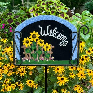 Personalized Hand Painted Sunflower Welcome Slate Sign: Garden Yard Art - Iron Holder sold separately