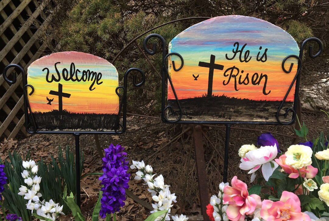 Hand Painted Easter Slate Sign: Sunrise Cross, He is Risen - Iron ...