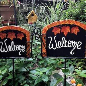 Fall Autumn Maple Leaves Slider or Hanging Personalized Welcome Slate Address Garden Sign, Wrought Iron Holder Sold Separate, FREE SHIPPING