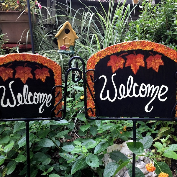 Fall Autumn Maple Leaves Slider or Hanging Personalized Welcome Slate Address Garden Sign, Wrought Iron Holder Sold Separate, FREE SHIPPING