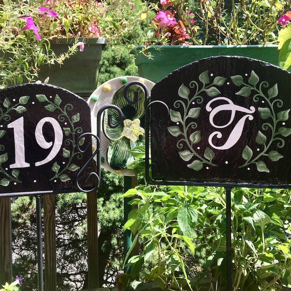 Address House Number or Monogram Initial Slate Sign, Green Vine Welcome Year Round Sign, Wrought Iron Holder sold separate, FREE SHIPPING