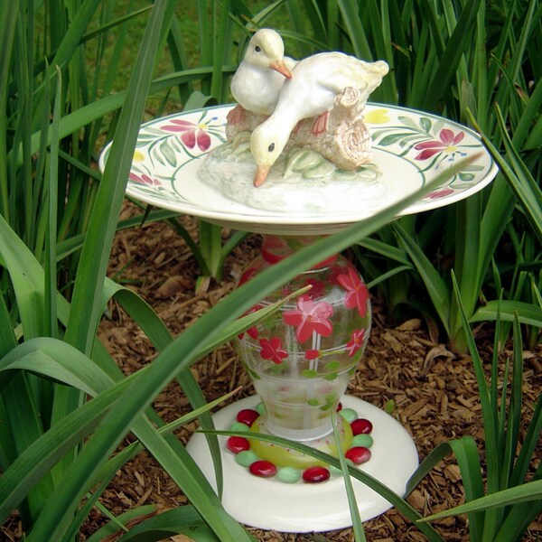 Glass Garden Art Whimsy Totem with Ducks and Hand Painted Flower Vase Garden Yard Art