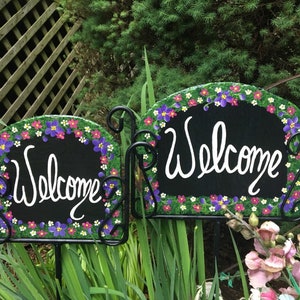 Purple Pink White Flower Border Address Slate Welcome Sign Personalized Garden Yard Art, Wrought Iron Holder sold separate, FREE SHIPPING
