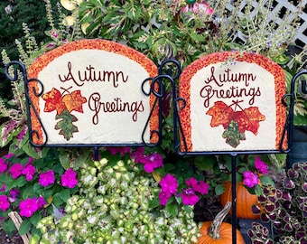 Personalized Fall Welcome Slate Sign - Hand Painted Maple & Oak Leaves -  Iron Holder sold separately