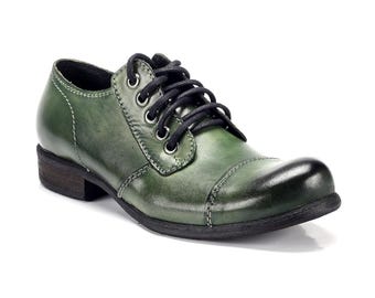 Handgefertigte Italienische Leder Oxford Schuhe, Altgrün, Herren