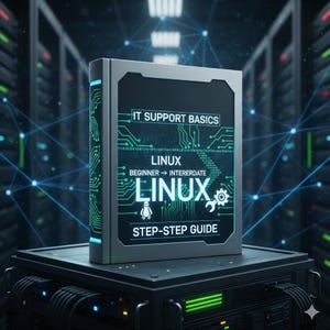 May include: A book titled "IT Support Basics" with "Linux" in large, stylized text. The cover features a circuit board design and the text "Beginner to Intermediate" and "Step-Step Guide". The book is on a server rack in a data centre.