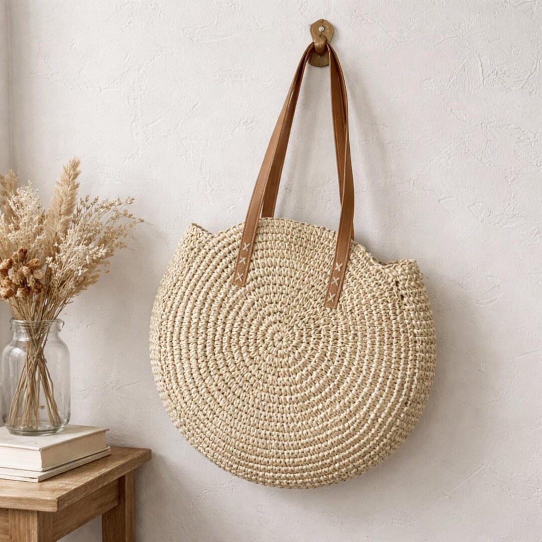 Round Straw Woven Beach Tote Bag, Large Capacity Summer Shoulder Purse ...