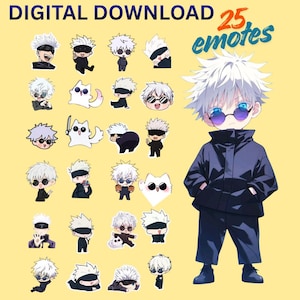 May include: Digital download of 25 anime-style emotes. The emotes depict a character with white hair and a blindfold in different poses. The image includes the text "DIGITAL DOWNLOAD" and "25 emotes".