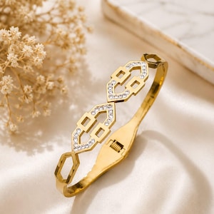 Gold Plated Geometric Bangle Bracelet, Rhinestone Crystal Hinged Cuff, Art Deco Cutout Statement Bracelet, Bridesmaid Gift, Jewelry For Her