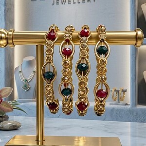 Gold Plated Indian Bangle Set, Ruby Emerald Glass Stone Kada, Kundan Style Bridal Jewelry, Ethnic Festive Bangle, Gift for Her, 1 pair,