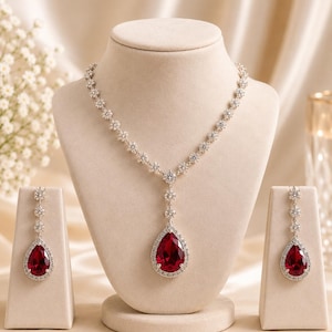 Ruby hydro Teardrop Necklace Set, Bridal Jewelry Set for Bride, Crimson Crystal Drop Earrings, Wedding Accessories, Statement Prom Jewelry