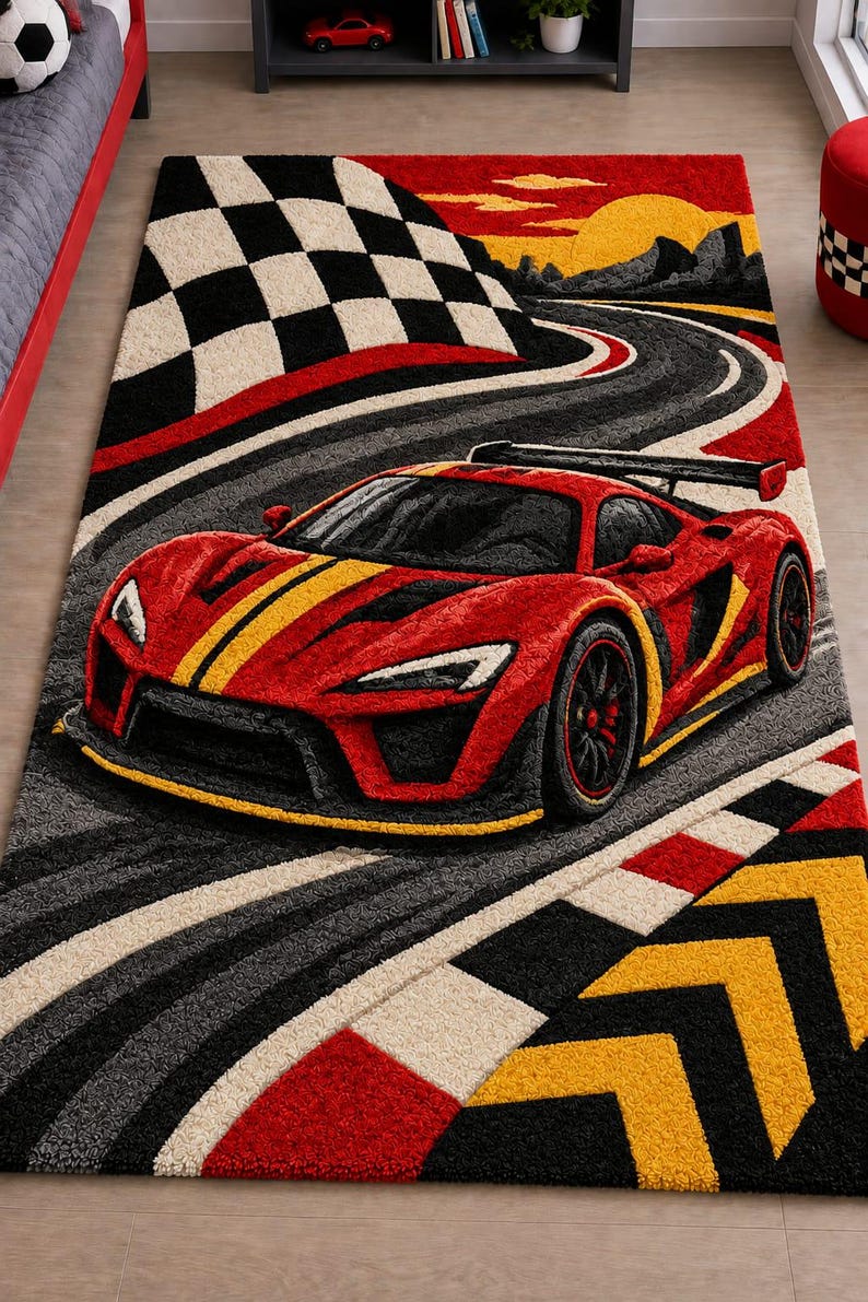 Car Racing Rug Kids Race Car Area Rug: Premium Hand-tufted Red Supercar Floor Carpet for ...