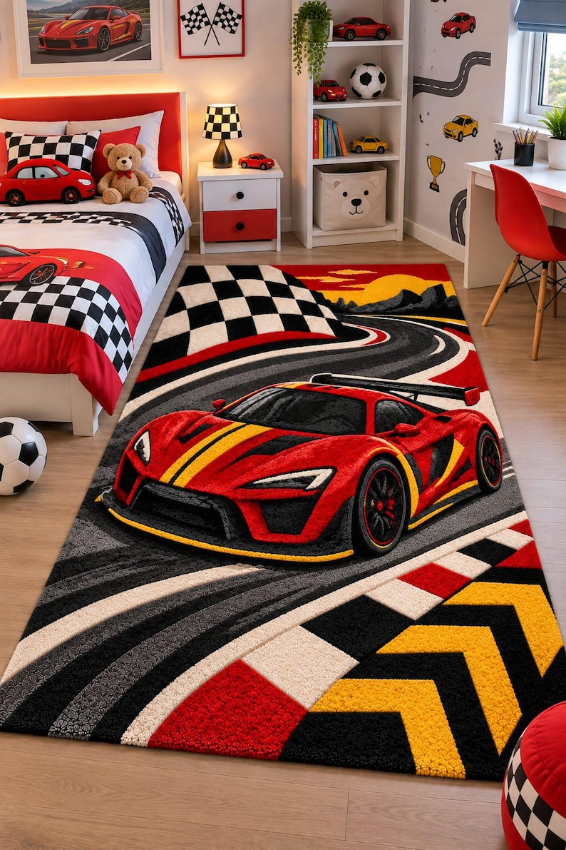Colorful Car Rugs Race Car Area Rug: Premium Hand-tufted Red Supercar Floor Carpet for ...