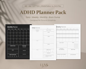 ADHD Planner Pack, Brain Dump, Minimal Organizer, A4 A5 Letter Printable PDF