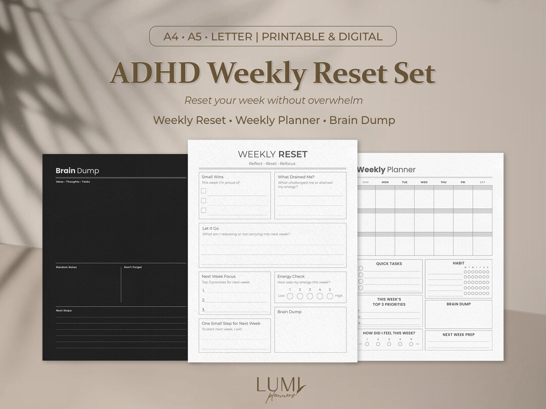 ADHD Weekly Reset Planner Set Printable, Brain Dump, Routine Checklist ...