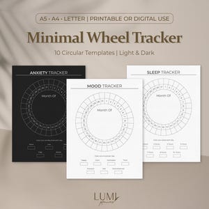 May include: Minimal Wheel Tracker printable or digital templates. The image shows three templates: an Anxiety Tracker, a Mood Tracker, and a Sleep Tracker. Each template has a circular design with spaces for tracking. The text "Month Of" is visible on each template.