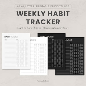 Puede incluir: Una colecci&oacute;n de rastreadores de h&aacute;bitos semanales imprimibles en blanco y negro. Los rastreadores est&aacute;n disponibles en tama&ntilde;os A5, A4 y Carta, con opciones de tema claro u oscuro. El texto "WEEKLY HABIT TRACKER" se muestra en la parte superior.