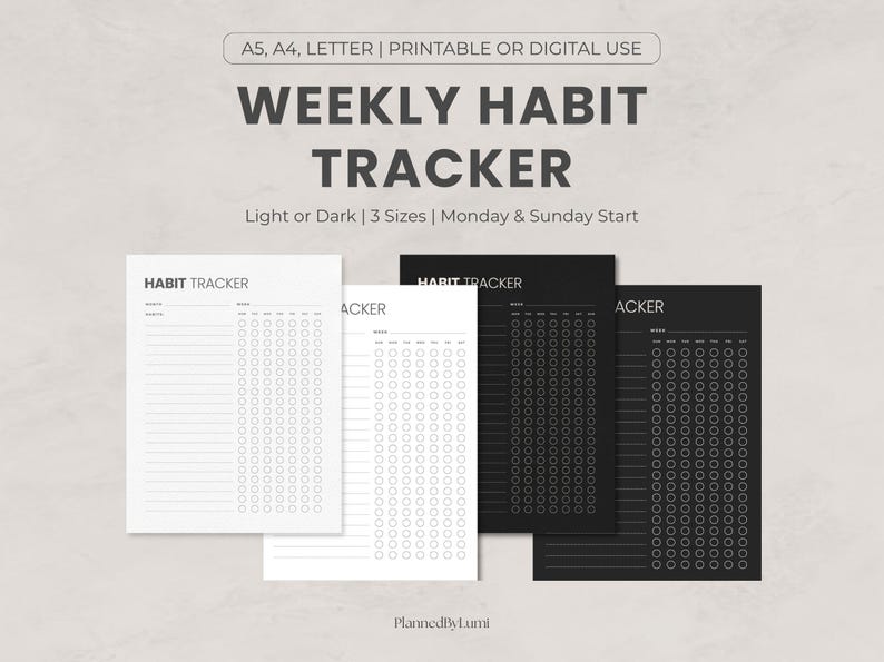 Puede incluir: Una colecci&oacute;n de rastreadores de h&aacute;bitos semanales imprimibles en blanco y negro. Los rastreadores est&aacute;n disponibles en tama&ntilde;os A5, A4 y Carta, con opciones de tema claro u oscuro. El texto "WEEKLY HABIT TRACKER" se muestra en la parte superior.