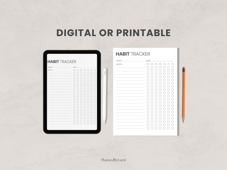 Puede incluir: Una tableta digital y una hoja impresa, ambas mostrando un dise&ntilde;o de "Habit Tracker". La tableta es negra, el papel es blanco, con un l&aacute;piz y un l&aacute;piz &oacute;ptico cerca. El texto "DIGITAL OR PRINTABLE" est&aacute; en la parte superior.