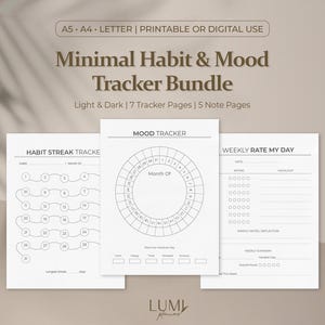 Könnte beinhalten: Ein Bundle aus druckbaren Gewohnheits- und Stimmungstrackern. Das Design umfasst einen Gewohnheits-Streak-Tracker, einen Stimmungstracker mit kreisförmigem Design und eine Seite zur Bewertung der Woche. Der Text auf dem Bild lautet "Minimal Habit & Mood Tracker Bundle".