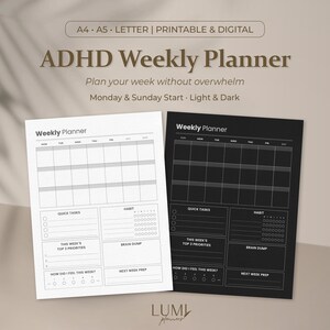 Può includere: Due pianificatori settimanali per ADHD, uno bianco e uno nero, con un layout a griglia per la pianificazione. Il testo in alto recita "ADHD Weekly Planner" e "Pianifica la tua settimana senza sopraffarti". I pianificatori includono sezioni per attività rapide, abitudini e priorità.