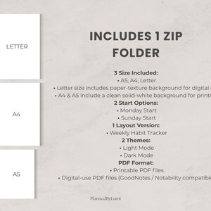 Puede incluir: Planificador digital con tama&ntilde;os A5, A4 y Letter. Incluye un seguimiento de h&aacute;bitos semanal, dos temas (claro y oscuro) y dos opciones de inicio (lunes y domingo). Disponible en formato PDF para uso digital.