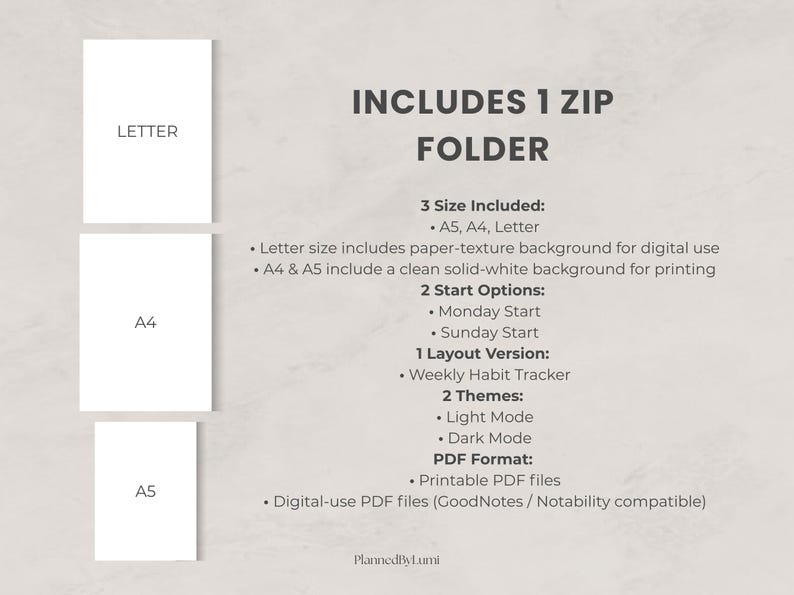 Puede incluir: Planificador digital con tama&ntilde;os A5, A4 y Letter. Incluye un seguimiento de h&aacute;bitos semanal, dos temas (claro y oscuro) y dos opciones de inicio (lunes y domingo). Disponible en formato PDF para uso digital.