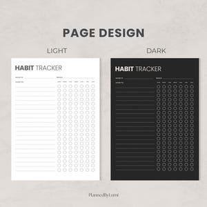 Puede incluir: Se muestran dos dise&ntilde;os de seguimiento de h&aacute;bitos, uno claro y otro oscuro. El dise&ntilde;o claro est&aacute; en papel blanco, el oscuro en negro. Ambos presentan el texto "Habit Tracker" y secciones para el seguimiento de h&aacute;bitos por mes y semana.