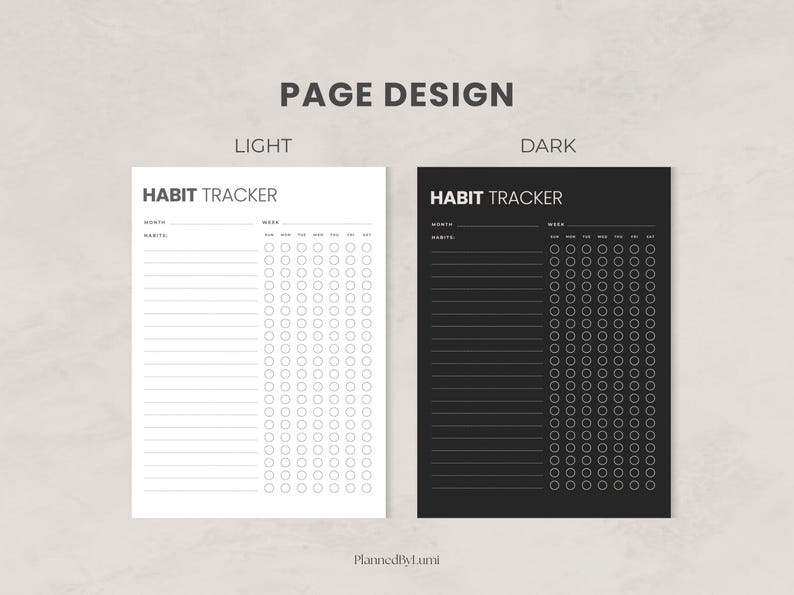 Puede incluir: Se muestran dos dise&ntilde;os de seguimiento de h&aacute;bitos, uno claro y otro oscuro. El dise&ntilde;o claro est&aacute; en papel blanco, el oscuro en negro. Ambos presentan el texto "Habit Tracker" y secciones para el seguimiento de h&aacute;bitos por mes y semana.