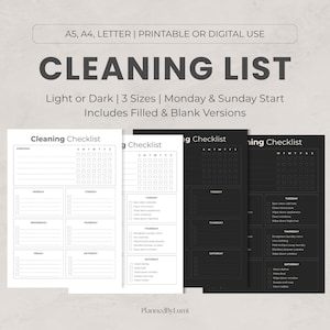 Könnte beinhalten: Eine Sammlung druckbarer Reinigungschecklisten in Schwarz und Weiß. Der Text auf dem Bild lautet "CLEANING LIST" und enthält Optionen für A5-, A4- und Letter-Größen. Die Checklisten sind in hellen oder dunklen Versionen mit Wochenstart am Montag oder Sonntag erhältlich.