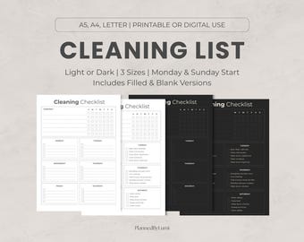Lista de limpieza minimalista / Programa de limpieza imprimible para zonas oscuras y claras / Tamaños A4, A5 y Carta (Descarga digital)