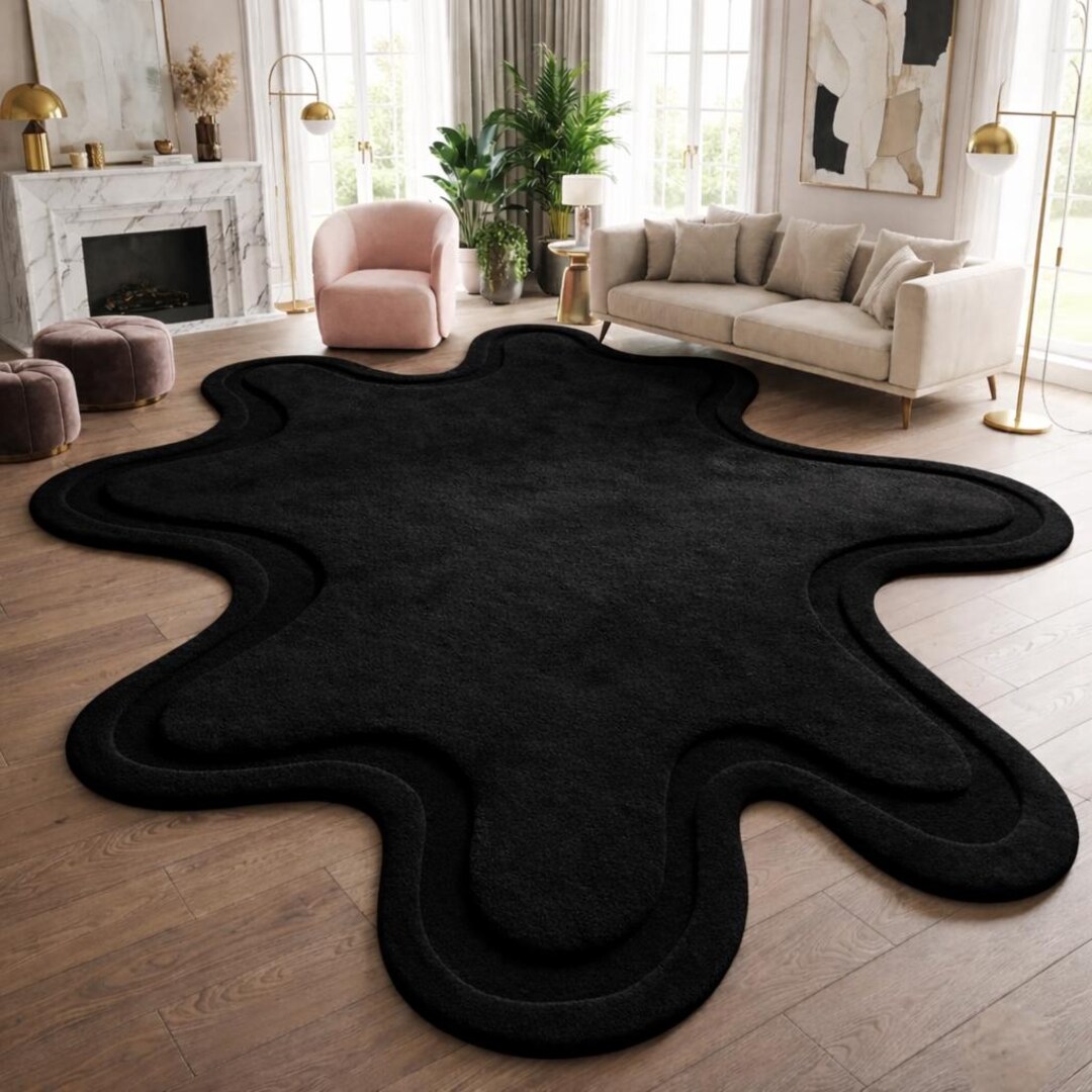 Black Abstract Area Rug, Modern Plush Irregular Shape - Etsy
