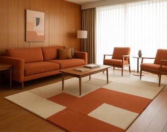 Geometric Area Rug, Mid Century Modern, Terracotta and Beige Carpet