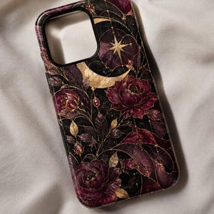 Dark Floral Stained Glass Phone Case, Burgundy Gothic Bloom Cover, iPhone Samsung Google Pixel
