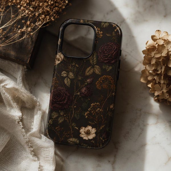 Dark Academia Floral Tough Phone Case, Gothic Vintage Rose Cover iPhone Samsung Galaxy