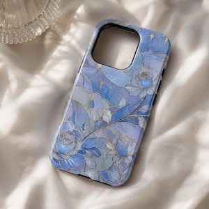 Stained Glass Floral Phone Case, Blue Roses Cover for iPhone, Samsung, Google Pixel