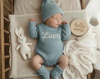 Personalized Outfit, Embroidered Name Baby Romper Set,, Baby Boy Girl Romper, Coming Home Outfit, Organic Cotton Knit,Gender Neutral