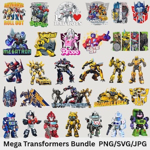 May include: A collection of colorful Transformers graphics, including Autobots and Decepticons, with text like "Roll Out," "Bad Bots," and character names. The image features various robot designs, logos, and the text "Mega Transformers Bundle PNG/SVG/JPG."