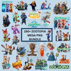 Imagens PNG de Zootopia 2, SVG em camadas de Zootopia 2, PNG para sublimação de desenhos animados, letras e números para decoração de bolo de aniversário, camisetas, download digital.