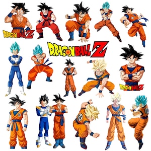 May include: A collection of Dragon Ball Z character illustrations. The characters are depicted in various action poses, wearing orange and blue outfits. The Dragon Ball Z logo is also visible in yellow and red.