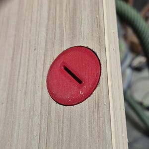 Peut inclure: Gros plan d'une cheville rouge de forme ovale avec une fente, encastrée dans une surface en bois clair. La cheville semble être en plastique. Le grain du bois est visible.