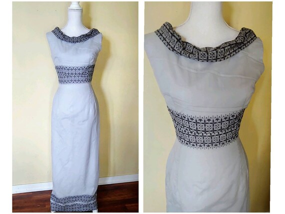 1960s Chiffon Border Print Maxi Evening Gown