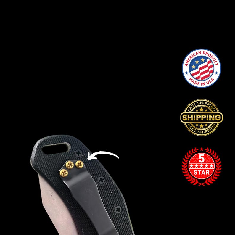 May include: Black pocket knife with a textured handle and a black pocket clip. The knife has gold-colored screws and the text "AMERICAN PRODUCT MADE IN USA".