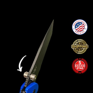 May include: Close-up of a folding knife with a black blade and a blue handle. The blade is partially open, revealing the sharp edge. The knife has a silver hinge and the text "Milbor" is visible on the blade.