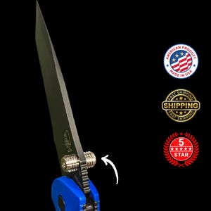 May include: Close-up of a black folding knife with a blue handle. The blade is angled, showing the sharp edge. The knife has a silver screw and the text "Wipod". The background is black.